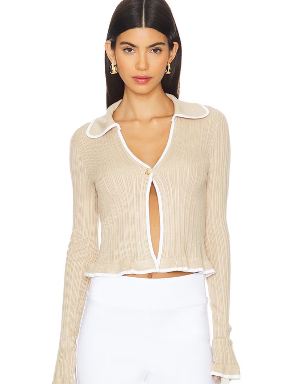 Majorelle- Beige Ribbed Button-Up Cardigan with White Trim